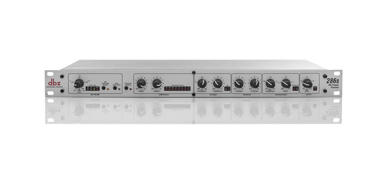 Uzhgorod, Ukraine - December 6, 2019: Microphone preamp DBX 286 on white. The 286s from dbx is a full featured channel strip that includes a studio quality microphone preamplifier.