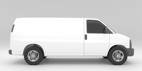 3D Illustration of white van. Minibus mockup. Mockup for advertising.Side view. Car for job. Realistic 3D rendering. © Pavel