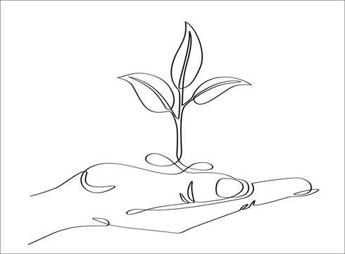 One line drawing of sprout in hand. Continuous line growing plant in hand palm. Hand-drawn illustration. Vector.