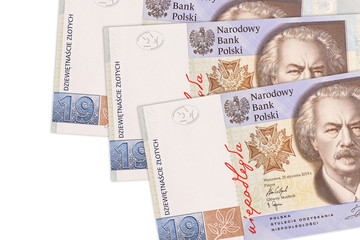 Polski banknot NBP o nominale 19 złotych.