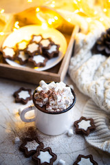Comforting Christmas food, mug of hot cocoa with marshmallow and cookies with cozy lights