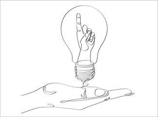 Continuous one line drawing hand pointing a bulb lamp vector illustration minimalism concept of idea and creativity © mitay20