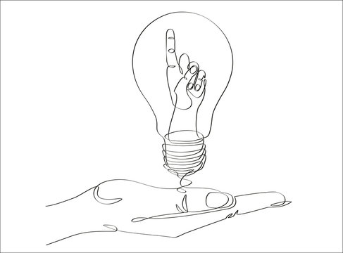 Continuous one line drawing hand pointing a bulb lamp vector illustration minimalism concept of idea and creativity