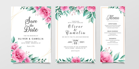 Fototapeta na wymiar Flowers wedding invitation card template set with watercolor floral border. Roses illustration for background, save the date, invitation, greeting card, etc