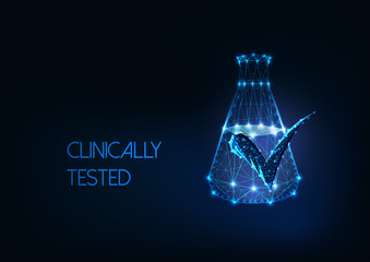 Futuristic clinically tested concept with glow low poly laboratory flask and approved mark