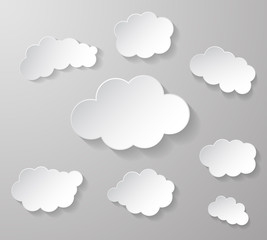 Fototapeta premium Paper clouds on gray background. Floating clouds. Vector illustration