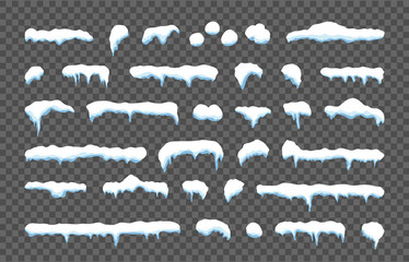 Snow cap set on transparent background. Snowy elements in cartoon style on winter background. Vector illustration