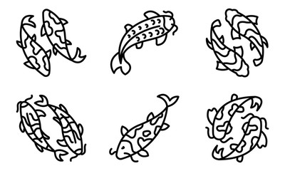 Koi carp icons set. Outline set of koi carp vector icons for web design isolated on white background