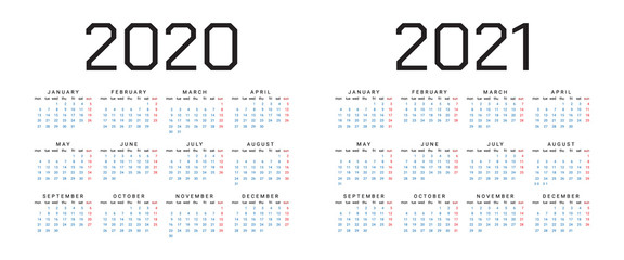 Simple Calendar template for 2020 and 2021 year. Vector illustration