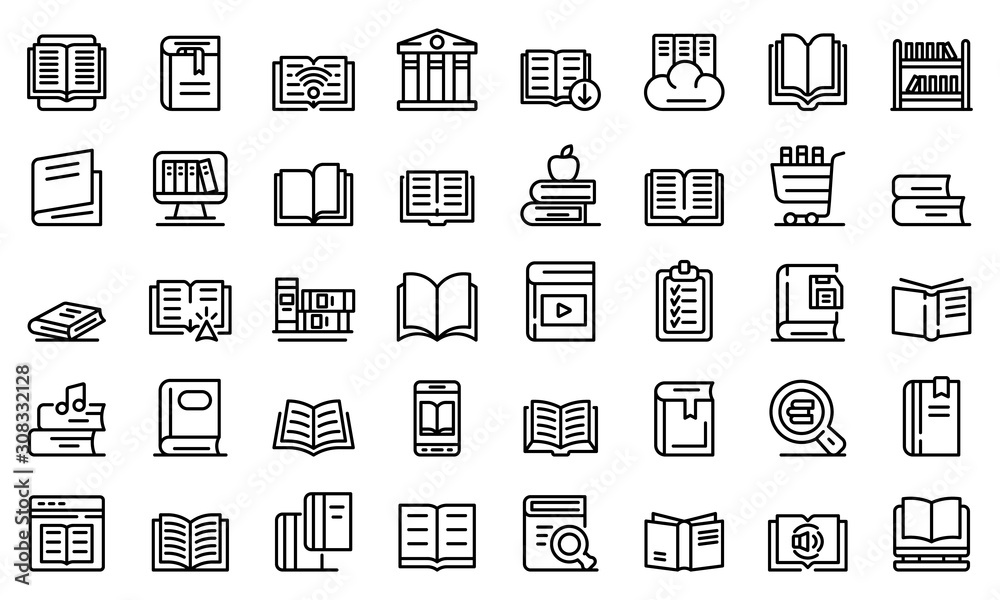 Poster library icons set. outline set of library vector icons for web design isolated on white background