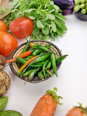 Indian vegetables of Tomatoes, Yams, Pointed gourd, Green chilies, Methi leaves, cilantro, and egg plants.