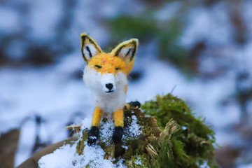 felted fox in winter scene