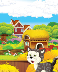 Naklejka premium cartoon scene with happy cat having fun on the farm illustration for children