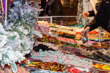 Sweets at Christmas Fair in Brussels, Belgium on December 31, 2018.