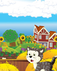 cartoon scene with happy cat having fun on the farm illustration for children