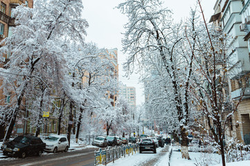 Streets after snow storm in Kyiv, Ukraine on February 6, 2019. 