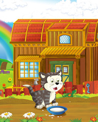 cartoon scene with happy cat having fun on the farm illustration for children