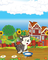 cartoon scene with happy cat having fun on the farm illustration for children