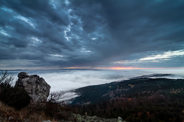 Sunrise and Inversion at Jested mountain close town Liberec, Czech republic, snow and winter and view of funicular.