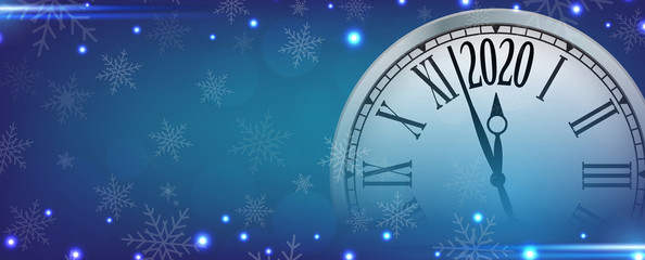 Fototapeta na wymiar Vector 2020 Happy New Year with retro clock on snowflakes blue background