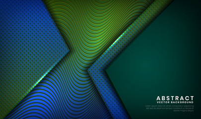 Modern cover design. Abstract green and blue color background with geometric planes textured with golden patterns. Architectural composition with triangle shapes for element banner and landing page