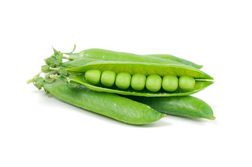 Fresh pea pod isolated. Green peas in pods design element for packaging, isolated on white background.
