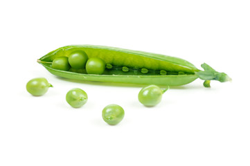 Fresh peas spilled out of the pod. Green pod with peas isolated on white, design element for packaging. .