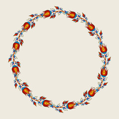 Frame with decorative ornamental flowers, floral pattern in oriental kalamkari style. Floral ornament. Isolated on white background. Can be used for decorating of invitations, cards, albums.