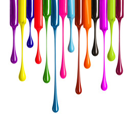 Naklejka premium Colorful drops of nail polish drip from brushes close-up on white background