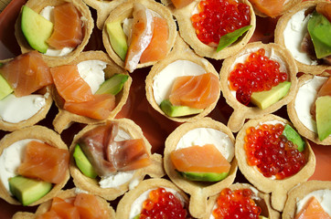 tartlets with red salmon caviar, slices of fresh salmon, cheese, avocado and tomatoes