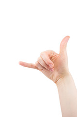 girl’s hand showing call me sign isolated on white background