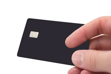 Bank card in hand isolated on white background, copyspace, mock up