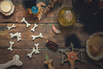 Future reading on the bones concept. Witchcraft table. Witch doctor.