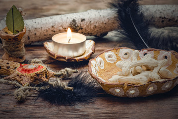 Future reading on the bones concept. Witchcraft table. Witch doctor.