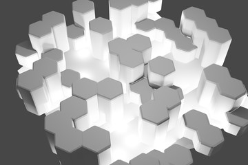 3D rendering abstraction of hexagons of different heights on a closely gray background with bright white flare