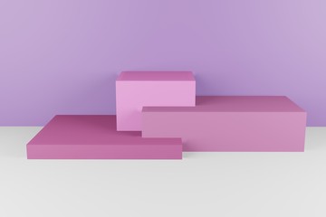 3D rendering stand of three cylindrical parts of the pink podium in pastel colors