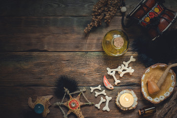Witchcraft table. Witch doctor. Shamanic accessories.