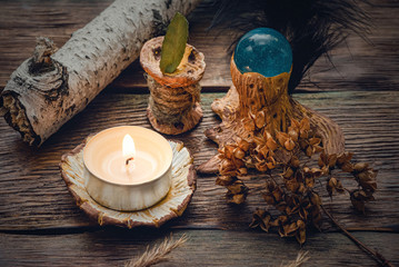 Witchcraft table. Witch doctor. Shamanic accessories.