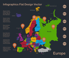 Infographics Europe map, flat design colors, with names of individual states, blue background with orange points vector