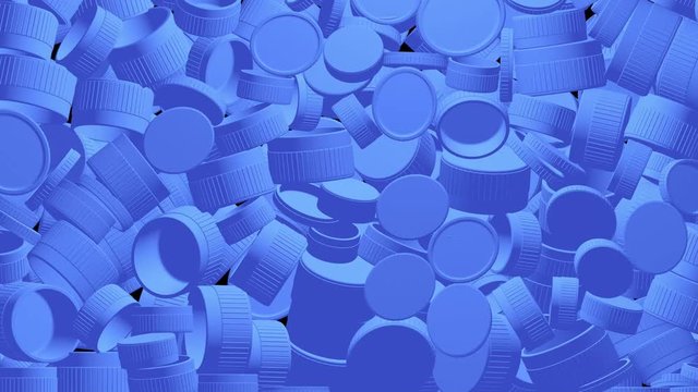 Blue plastic bottle caps fall down cartoon animation. 3d rendering