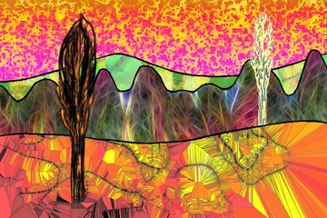very colorful surrealistic landscape with two trees on a meadow