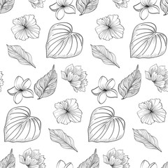 Tropical flowers and leaves outline sketched. Monochrome colouring page flowers and leaves isolated. seamless pattern.