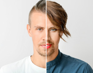 Comparison portrait of young man and transgender woman on grey background
