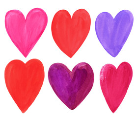 Set of decorative hearts of red, pink and purple colors painted with watercolors isolated on white background. Perfect for making cards, prints, gift wrappers, stickers, textile, scrapbooking