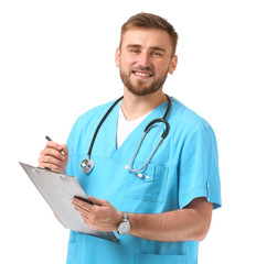 Portrait of male doctor with clipboard on white background