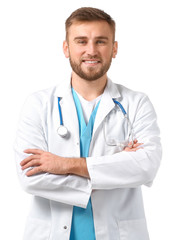 Portrait of male doctor on white background