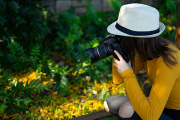 Woman photographer dressed in yellow photographing yellow tree leaves in the forest.