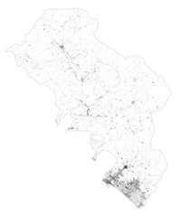 Satellite map of province of Massa-Carrara, towns and roads, buildings and connecting roads of surrounding areas. Tuscany, Italy. Map roads, ring roads