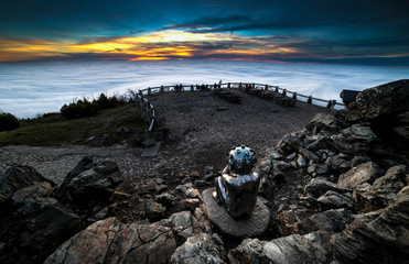 Sunrise and Inversion at Jested mountain close town Liberec, Czech republic, snow and winter and...