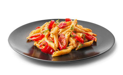 Plate with tasty pasta on white background